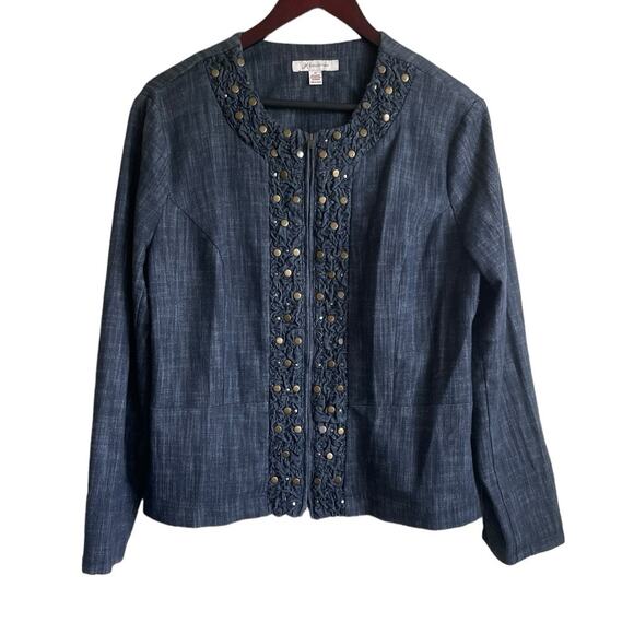 JM Collection Women Jacket 14 Blue Chambray Soft Denim Decorative Trim Blazer - Picture 1 of 12